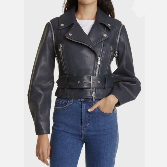 Veronica Beard (NWT $1,598 USD) Jylan Navy Blue Leather Moto Jacket Sz 0 - Picture 1 of 10